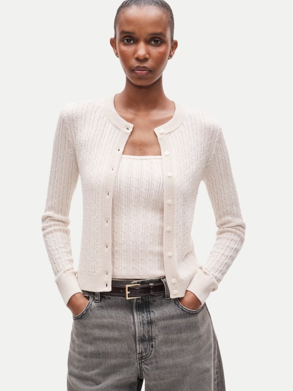 J crew natural Cable-knit cardigan in merino wool blend